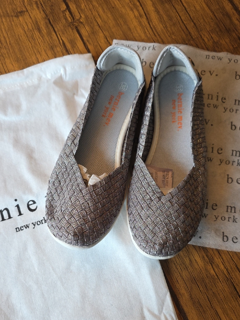 bernie mev. Metallic Woven Catwalk Slip-On Flats in Shimmery Gunmetal